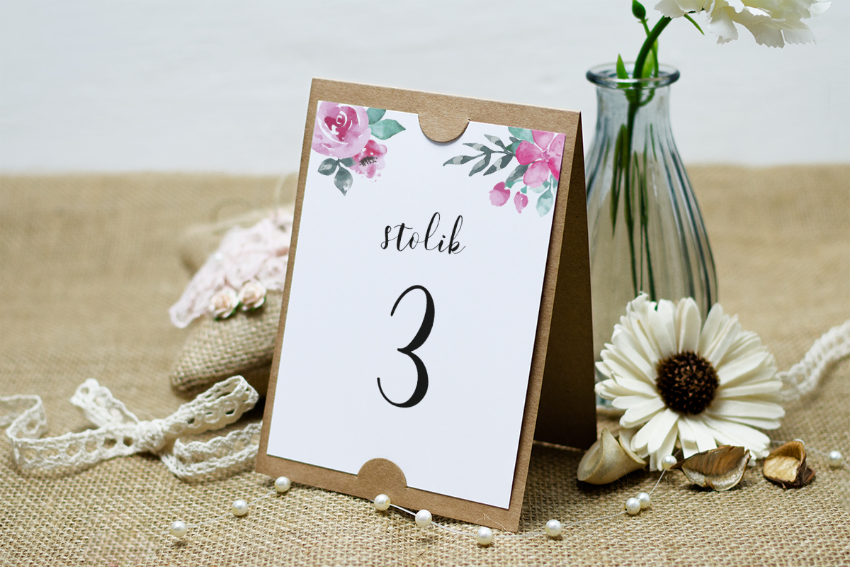 Dodatki ślubne Numer stolika do zaproszenia Boho - Akwarelowy Róż