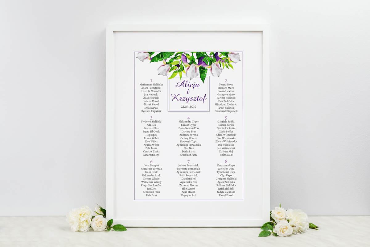Dodatki ślubne Plan stołów weselnych do zaproszenia Kwiaty z nawami - Biało-fioletowe krokusy