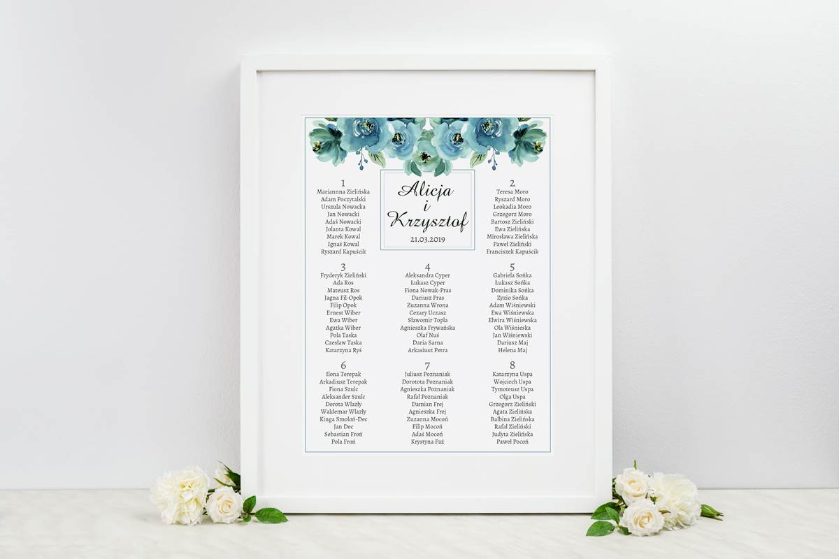 Dodatki ślubne Plan stołów weselnych do zaproszenia Kwiaty z nawami - Błękitne róże