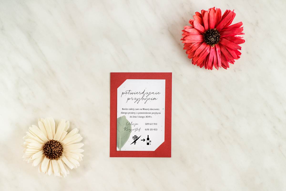 Dodatki ślubne Dodatkowa karteczka RSVP Burgundowa - Białe kwiaty wiśni