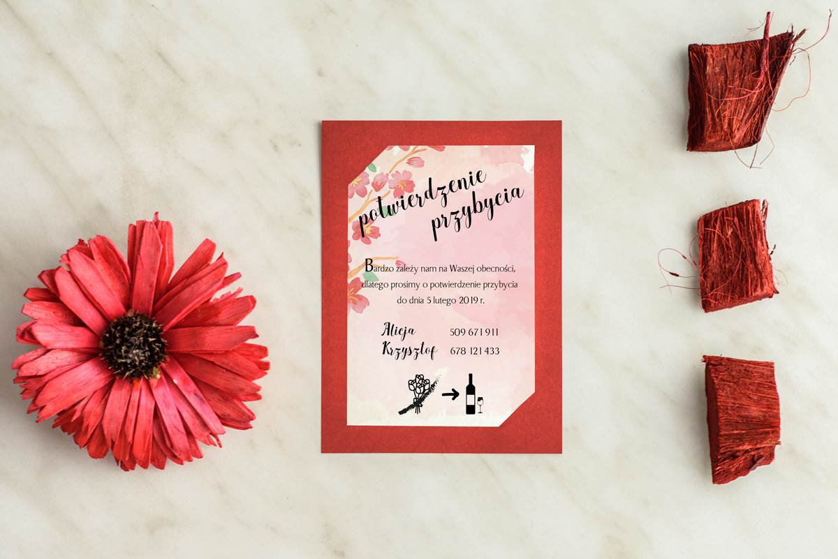 Dodatki ślubne Dodatkowa karteczka RSVP Burgundowa - Kwiaty wiśni