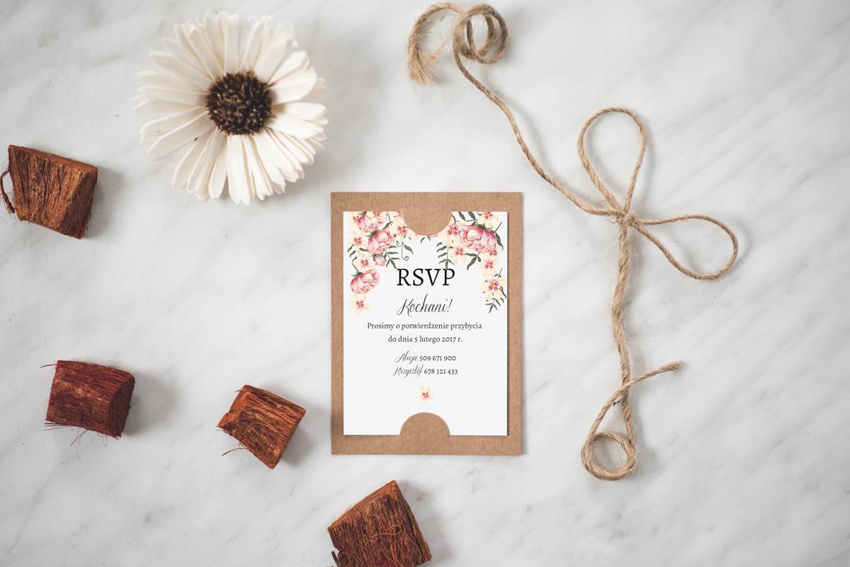 Dodatki ślubne Dodatkowa karteczka do zaproszeń Boho Różowe kwiatuszki