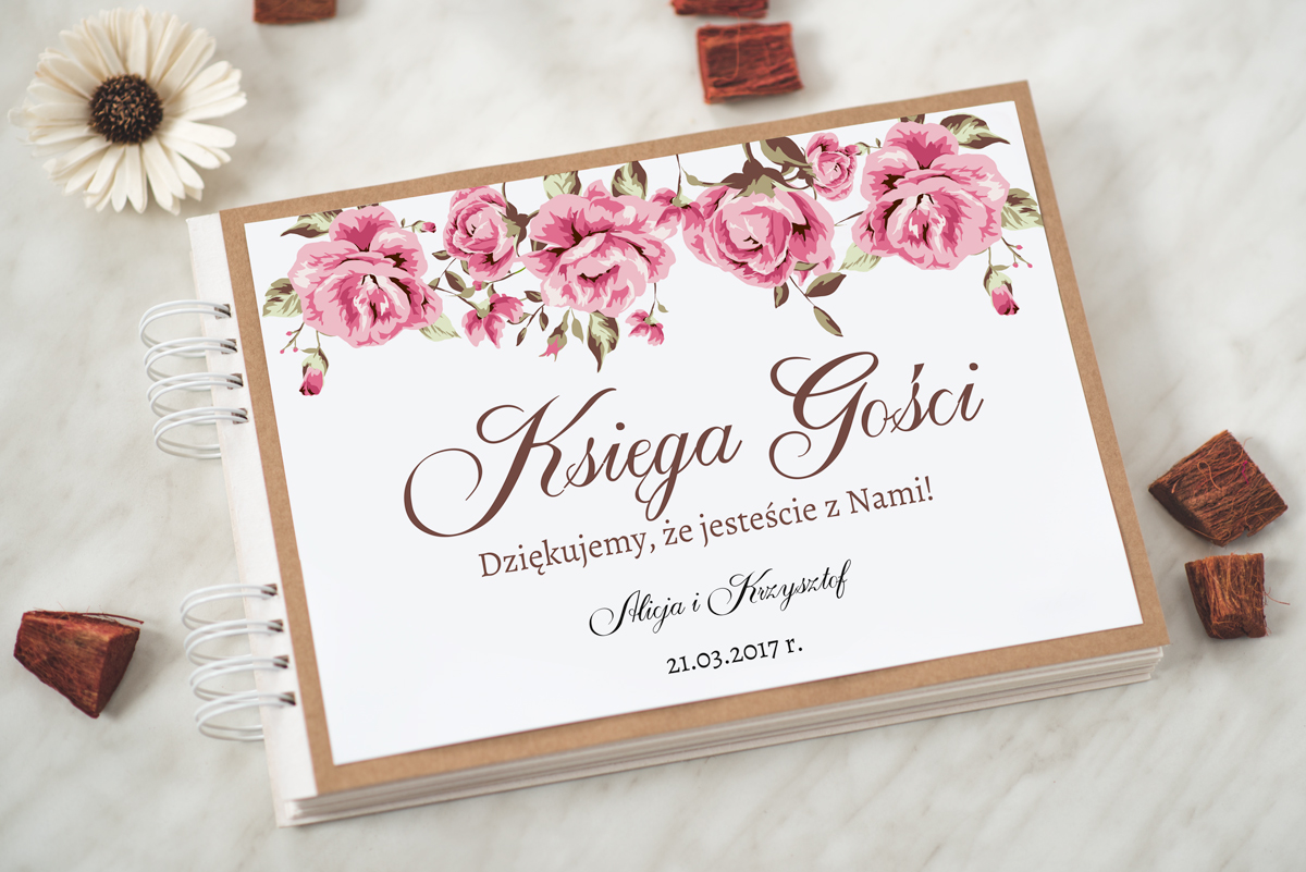 Dodatki ślubne Księga gości ślubnych Boho Różowe róże