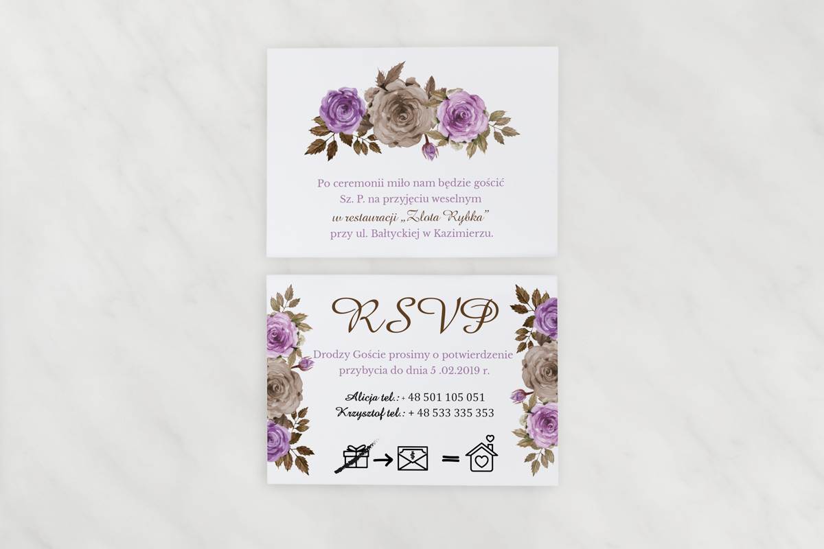 Dodatki ślubne Dodatkowa karteczka Kwiaty z nawami - Fioletowe róże