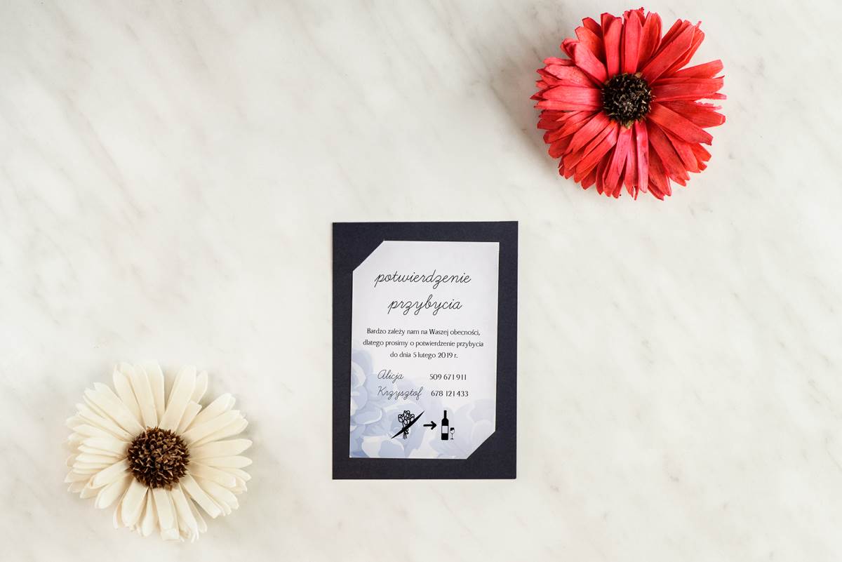 Dodatki ślubne Dodatkowa karteczka RSVP Granatowa - Niebieskie róże