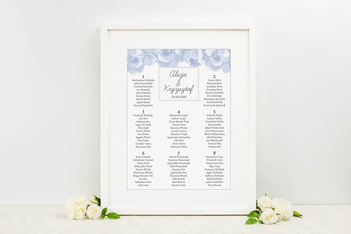Dodatki ślubne Plan stołów weselnych do zaproszenia Granatowe - Niebieskie róże