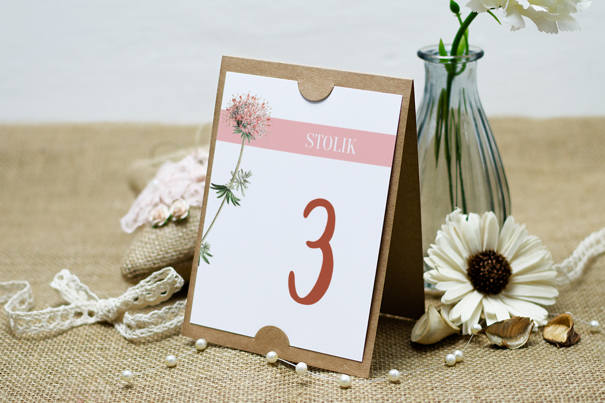Dodatki ślubne Numer stolika do zaproszenia BOHO Recyklingowego - Różowe Kwiaty