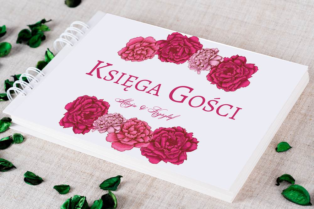 Dodatki ślubne Księga gości ślubnych - Kwadratowa kartka: Różowe Piwonie