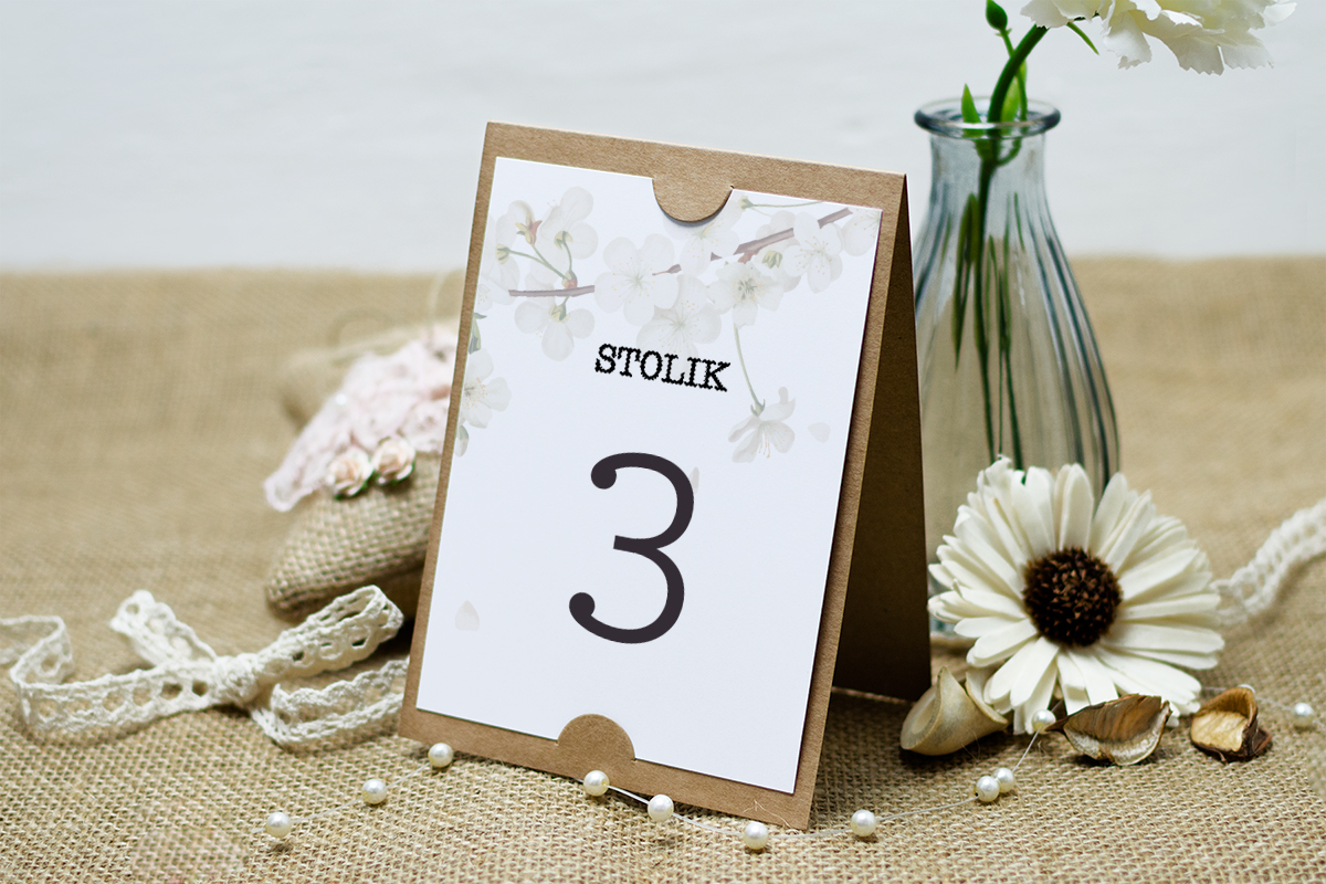 Dodatki ślubne Numer stolika do zaproszenia BOHO Recyklingowego - Kwiat Wiśni