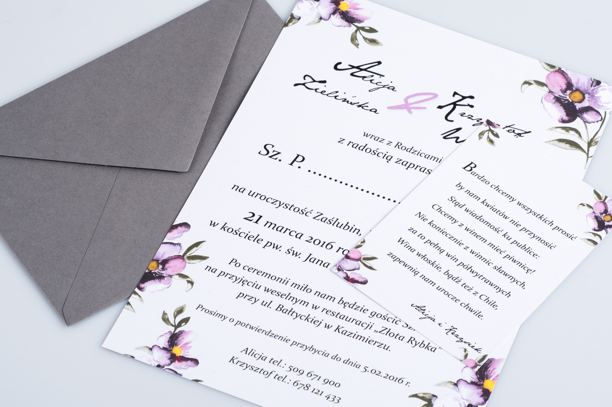 Dodatki ślubne Dodatkowa karteczka do zaproszeń Kwiaty: Fioletowe