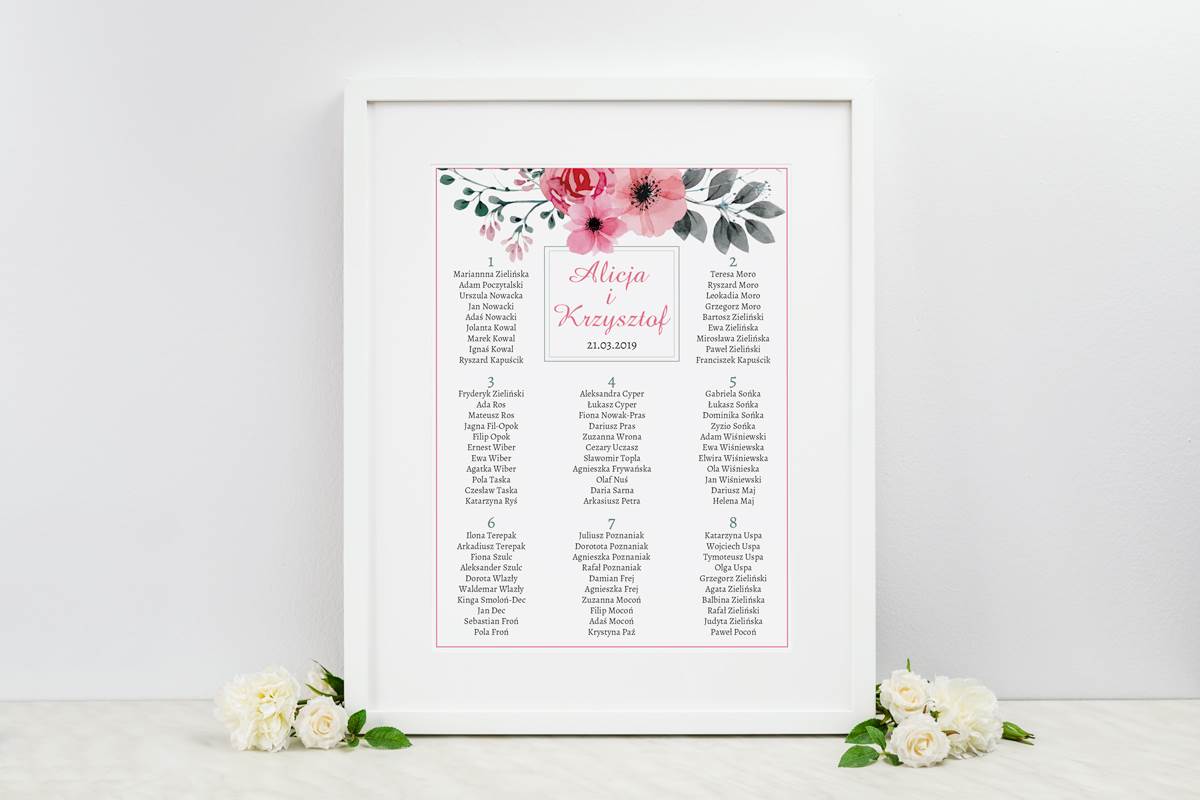 Dodatki ślubne Plan stołów weselnych do zaproszenia Kwiaty z nawami - Kwiatuszki pink
