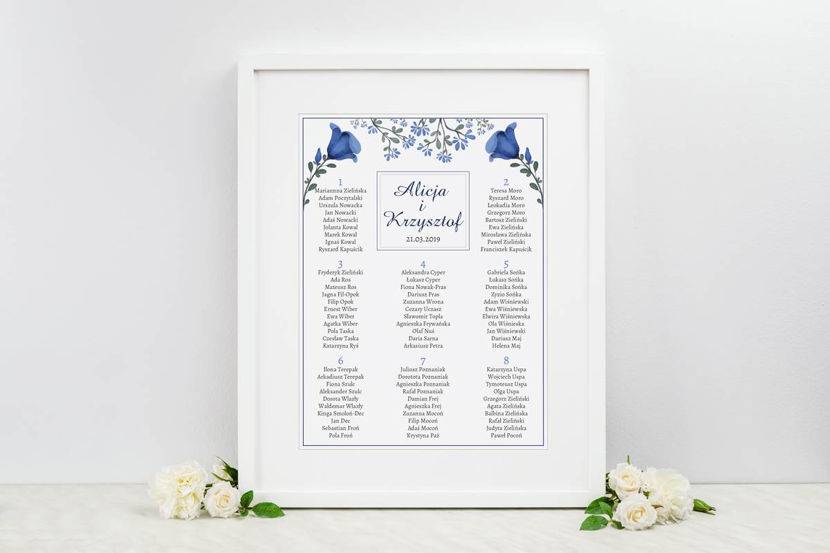 Dodatki ślubne Plan stołów weselnych do zaproszenia Kwiaty z nawami - Niebieskie kwiaty