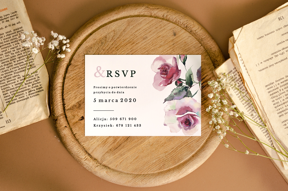 Dodatki ślubne RSVP do zaproszenia jednokartkowego recyklingowego - Akwarelowe róże
