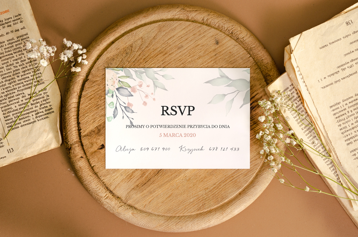 Dodatki ślubne RSVP do zaproszenia jednokartkowego recyklingowego -  Róż i fiolet