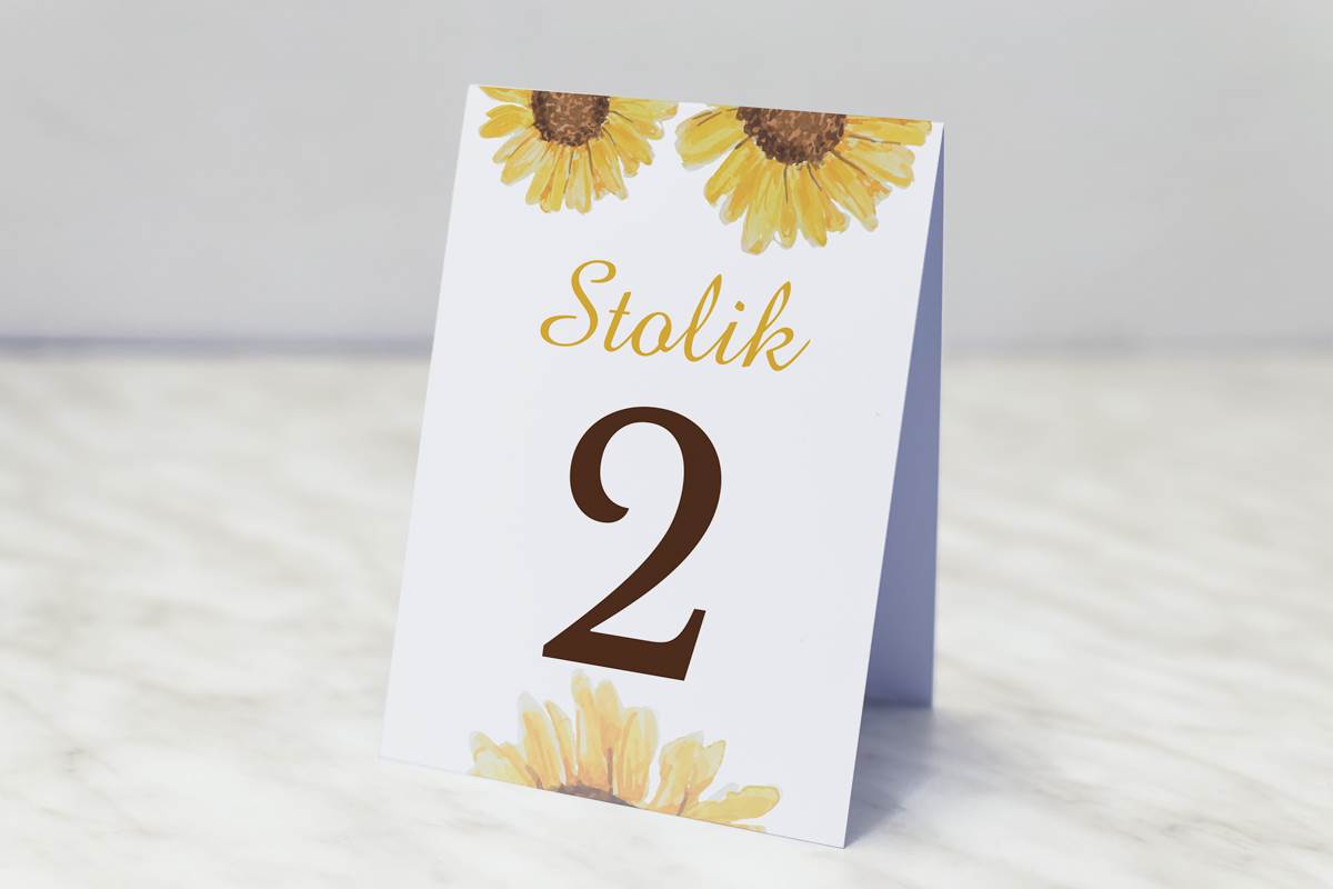 Dodatki ślubne Numer stolika pasujący do zaproszenia Kwiaty z nawami - Słoneczniki