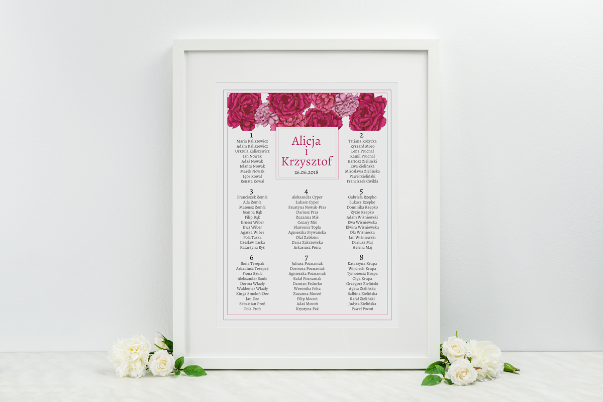 Dodatki ślubne Plan stołów weselnych - do zaproszenia Kwadratowa Kartka: Różowe Piwonie