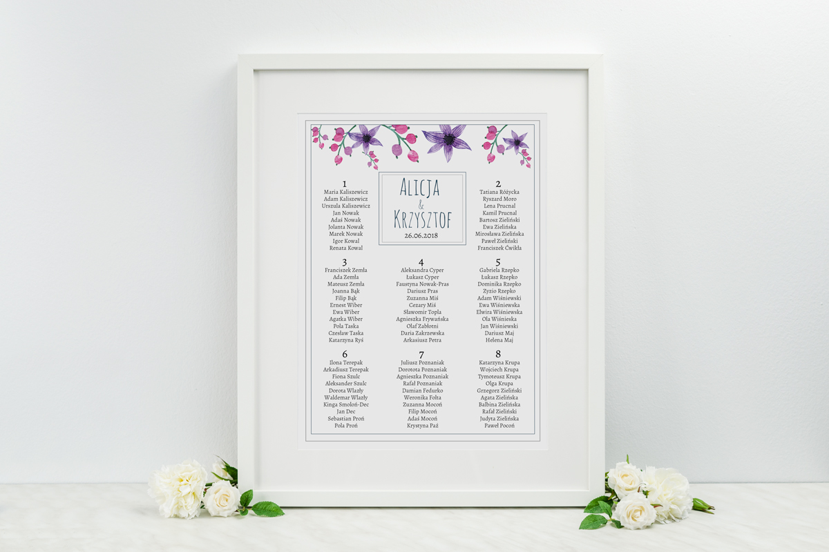 Dodatki ślubne Plan stołów weselnych - Kwieciste wianki - Niebiesko-fioletowe kwiatuszki