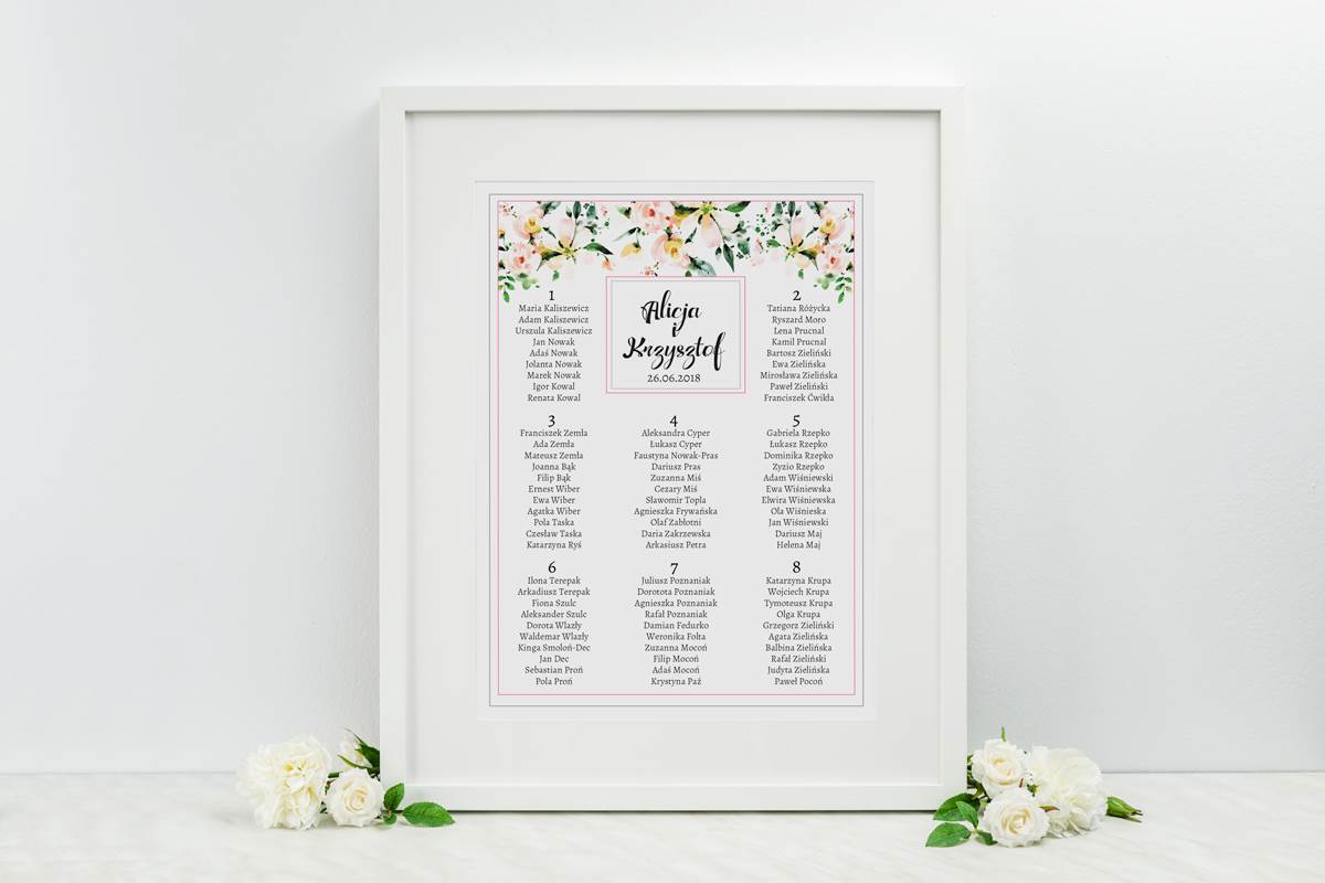 Dodatki ślubne Plan stołów weselnych - do zaproszenia Boho Biała magnolia