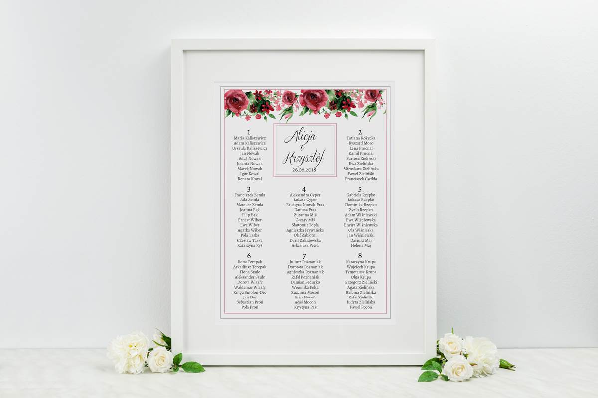 Dodatki ślubne Plan stołów weselnych - do zaproszenia Boho Burgundowe róże