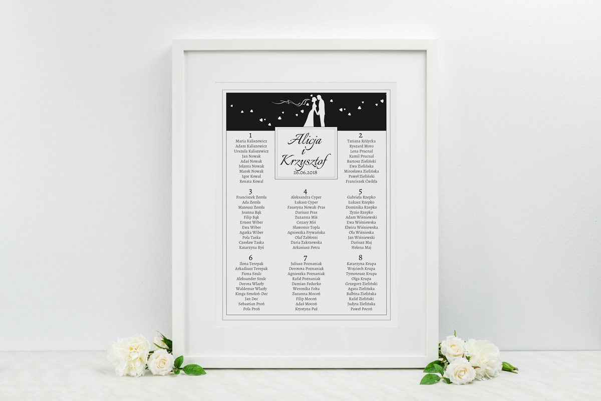 Dodatki ślubne Plan stołów weselnych - do zaproszenia Black&White II Słodki całus