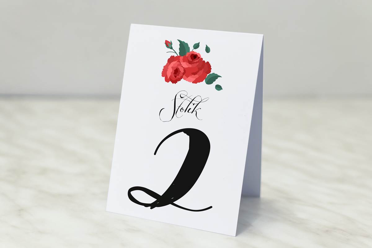 Dodatki ślubne Numer stolika pasujący do zaproszenia Wianki z kokardą - Bordowe róże