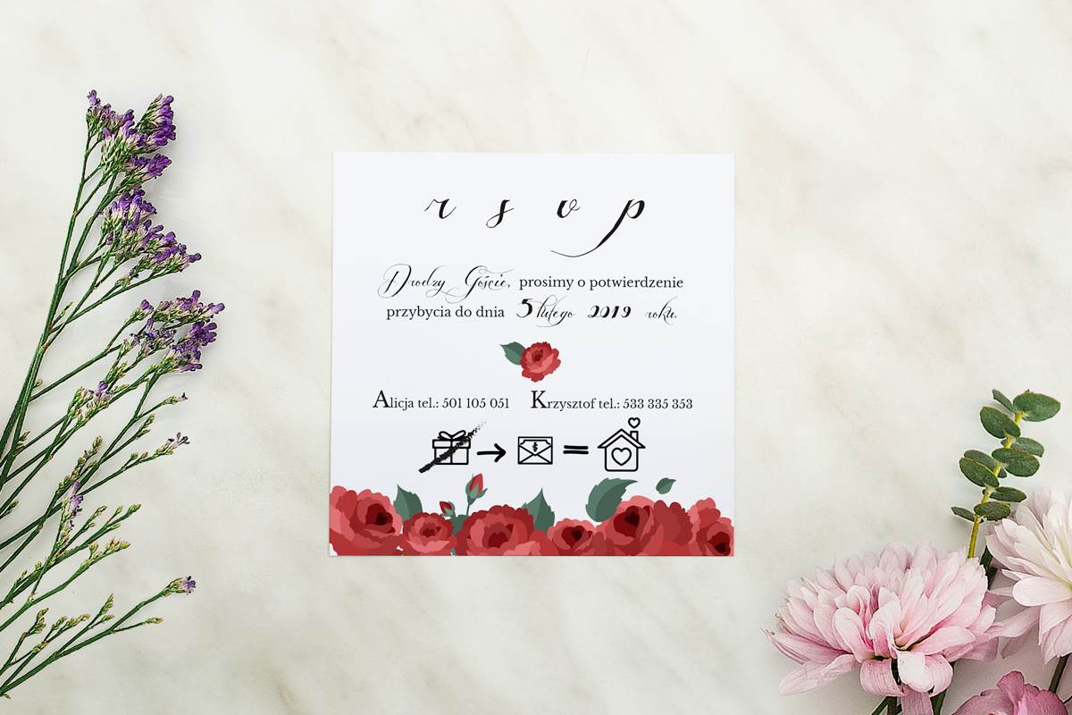 Dodatki ślubne Dodatkowa karteczka RSVP Wianki z kokardą - Bordowe róże