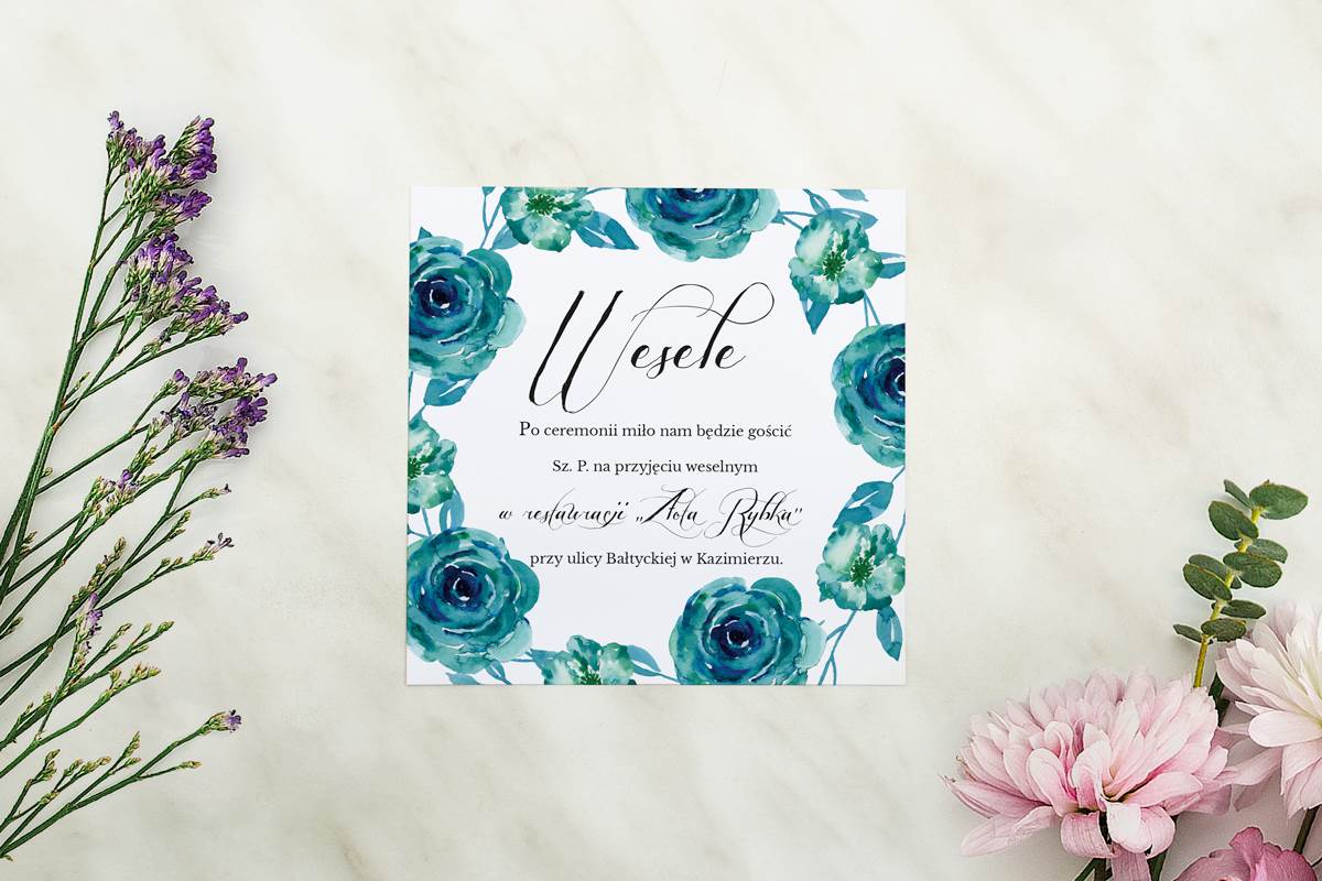 Dodatki ślubne Dodatkowa karteczka Wianki z kokardą -  Niebieskie róże