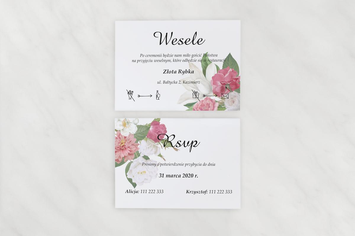 Dodatki ślubne Dodatkowa karteczka do zaproszeń jednokartkowych - Różowo białe kwiaty