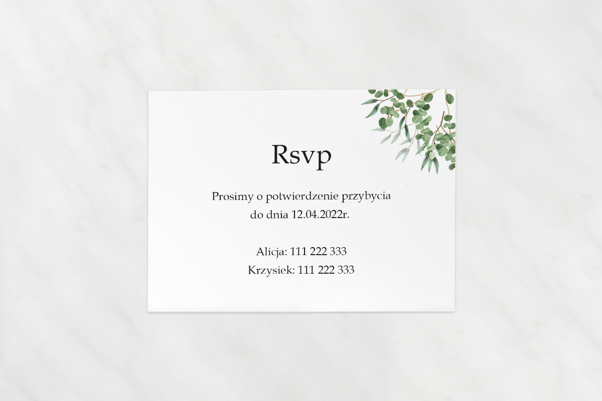 Dodatki ślubne Dodatkowa karteczka do zaproszeń ze sznurkiem – Eukaliptus