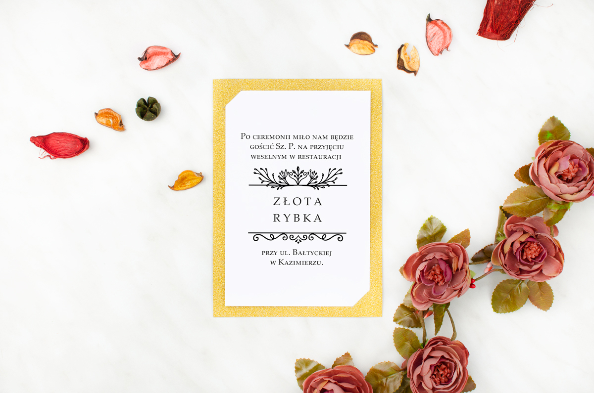 Dodatki ślubne Dodatkowa karteczka do zaproszenia Brokatowego - Ornamentowe Gałązki
