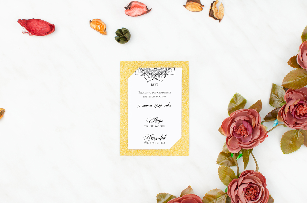 Dodatki ślubne RSVP do zaproszeń Brokatowych - Ornamentowa Rozeta
