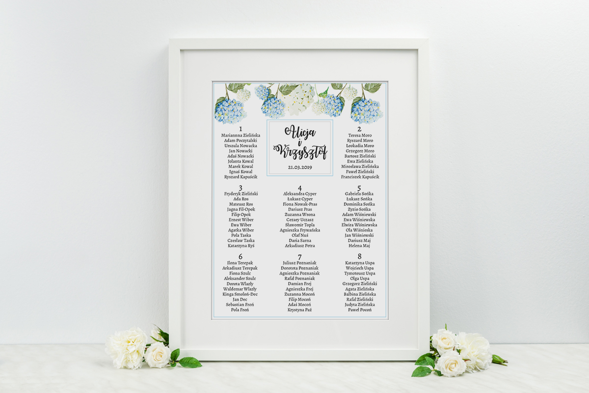 Dodatki ślubne Plan stołów weselnych - do zaproszenia Kwiaty: Niebieskie hortensje